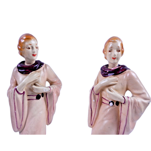 Pair Circa 1920's Elegant Woman in Robe Full Body Chalkware Statue Figurines 12" - Picture 10 of 10